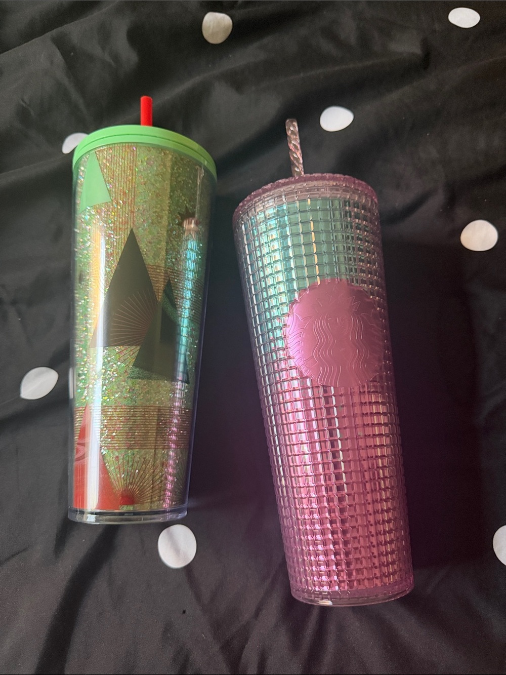 Starbucks Pink Iridescent Studded Tumbler & Green Glitter Geometric Tumbler Set